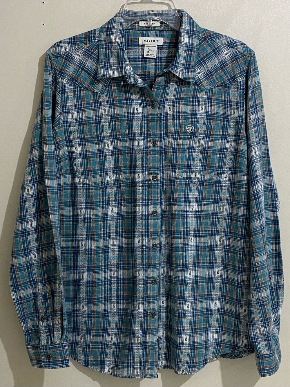 Ariat Blue and Brown Cowgirl Plaid Women's Button-Up Shirt Size L Western Logo
